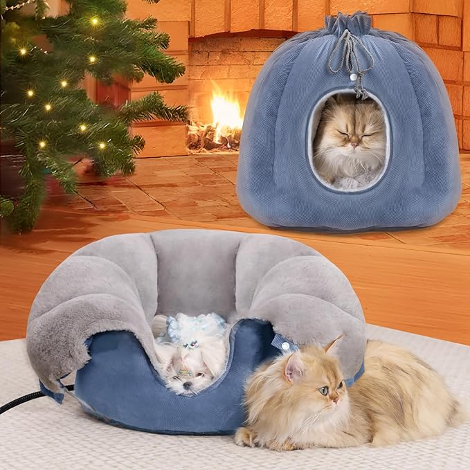 Rywell Heated Cat Bed, Versatile Heated Cat Bed Indoor for All Seasons, Soft & Cozy with Timer & Temp Adjustable, for Indoor Cat&Small Dog