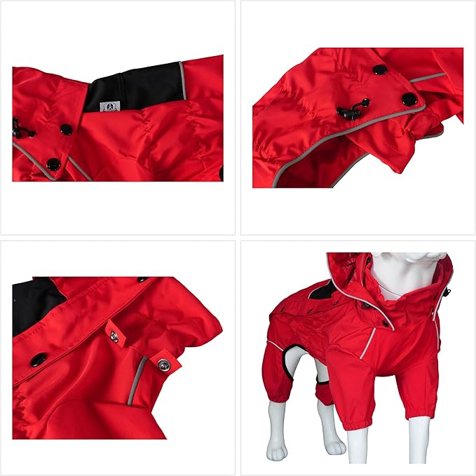 LOVELONGLONG Waterproof Dog Raincoat with Removable Hood – Outdoor Full Body Dog Jacket, Windproof Snowproof Shell Suit – All Season Pet Rain Gear Red S