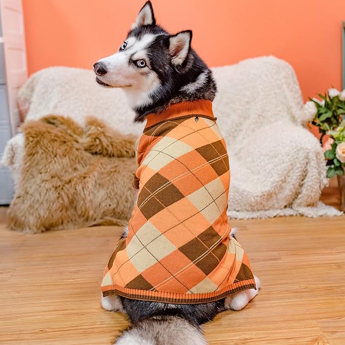KOOLTAIL Fall Dog Sweater Pet Knitted Clothes - Thanksgiving Classic Plaid Pullover Turtleneck Dog Sweaters with Leash Hole, Thick Cold Weather Pet Outfits for Small Medium Large Dogs Cats Puppy, M