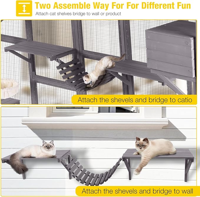 Aivituvin Catio Outdoor Cat Enclosure Window Box Wall Mounted Wooden Cat House Playground with Scratching Posts, Baskets, Resting House, Shelves and Bridge for Multiple Kitties,104" x 34" x 69.5"