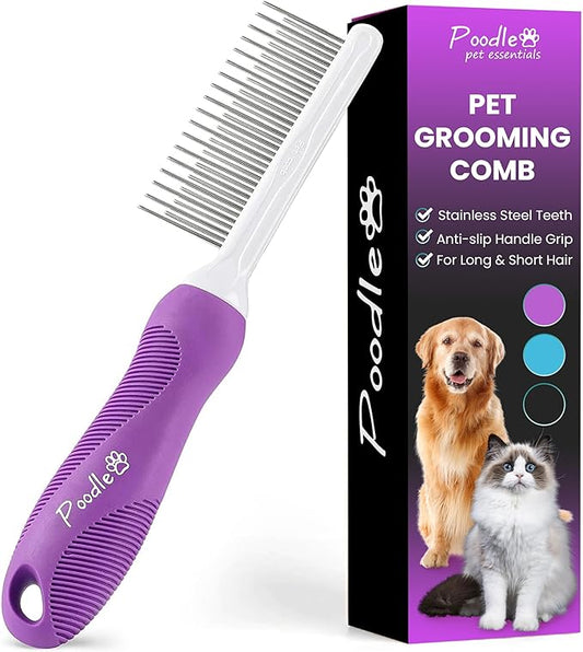 Poodle Pet Detangling Pet Comb with Long & Short Stainless Steel Teeth for Removing Matted Fur, Knots & Tangles – Detangler Tool Accessories for Safe & Gentle DIY Dog & Cat Grooming