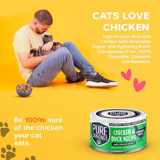 Pure Cravings Chicken and Duck Recipe in Broth, Shredded Wet Cat Food, Grain-Free Protein, Non-GMO, 12 Pack