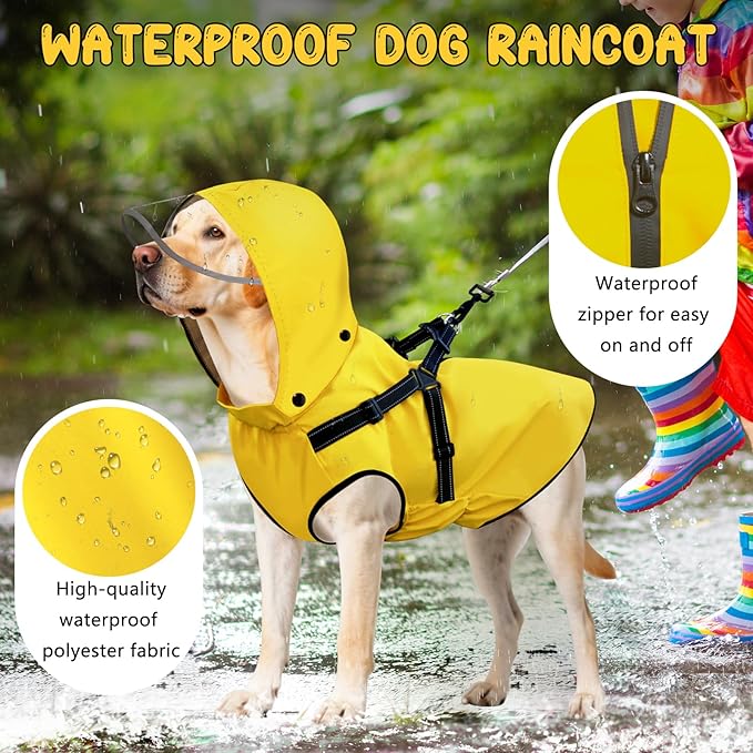 Dog Raincoat: Dog Rain Jacket with Reflective Harness & Removable Hood | Waterproof Dogs Rain Coat Poncho for Large Medium Small Dogs Puppies (Yellow - M)