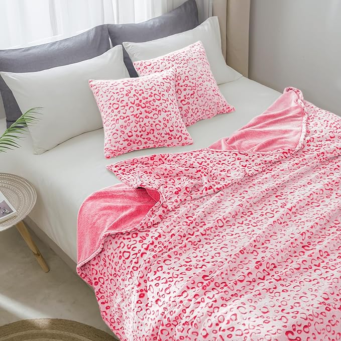 FY FIBER HOUSE Flannel Fleece Leopard Print Throw Blanket Super Soft Lightweight Fluffy Throw for Couch, 90"X90",Hot Pink