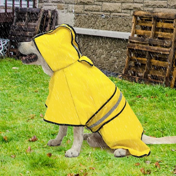 KOOLTAIL Dog Raincoat Hooded Slicker Poncho with Leash Hole, Raincoat for Large Dogs, Waterproof Doggie Rain Jacket with Reflective Strip, Adjustable Breathable Extra Large Rainwear-Yellow Solid