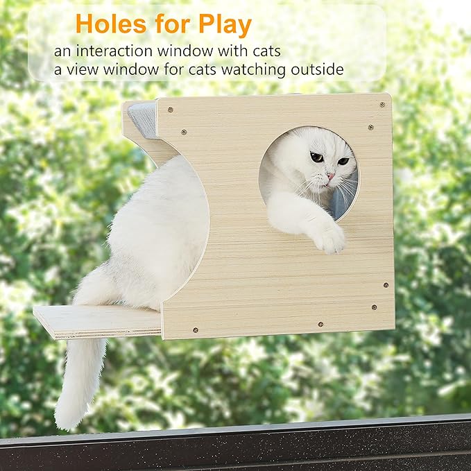 Window Cat Perch Shelves for Inside, Sturdy Wood Climbing Seat Mounted with Heavy Duty Suction Cups, Corner Window Bed for Overlooking and Sleeping(Left)