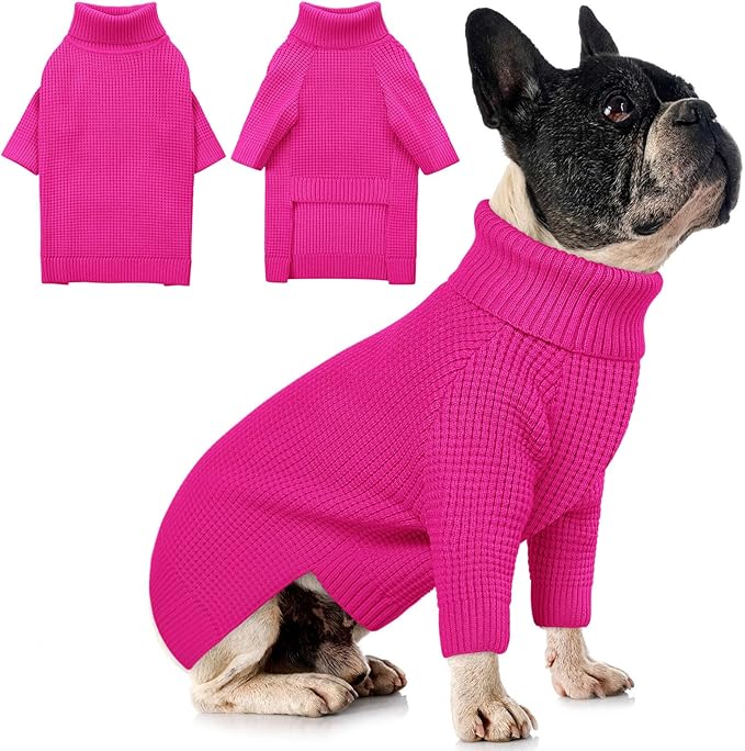 Queenmore Small Dog Sweater, Long Sleeve KnitSweater with Check Pattern, Warm Plaid Doggie Sweaters for Small Medium Dogs, Solid Pull-on Cat Knitwear, Fuchsia S