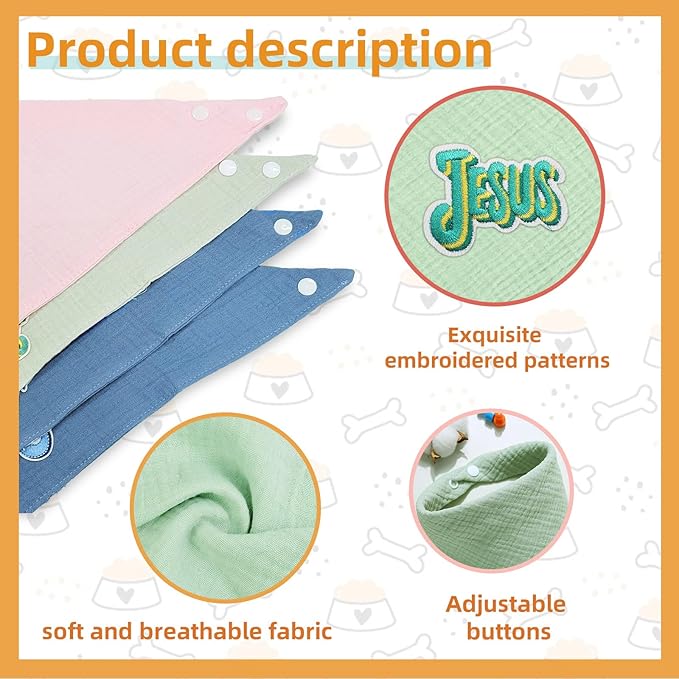 Embroidered Dog's Bandanas Solid Color Cotton Letter Pet Scarf with Adustable Button,Green,Medium