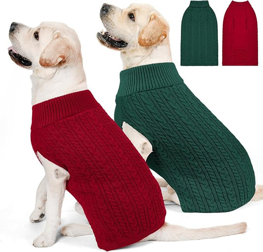 2 Pack Dog Sweaters for Big Dogs Turtleneck Pullover Cable Knit Large Size Stretch Clothes Pitbull Labrador Bulldog Doberman Boy Girl Pets Winter Clothes (XXL, Red & Green)