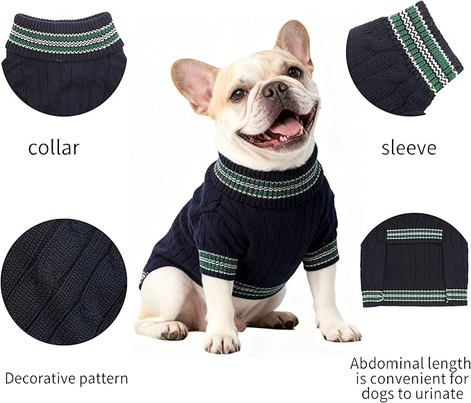 Medium/Large Dog Sweater, Warm Dog Winter Coat w/Sleeves, Comfortable High Neck & Leash Hole, Premium Dog Clothes for Bulldog-Best for Holidays, Daily Walks L Blue