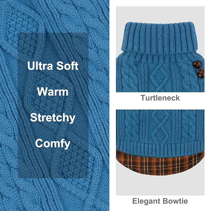 KYEESE Dog Sweater Stretchy Knitwear Cat Clothes Soft Pullover Dog Sweaters for Medium Dogs Boy Comfy Pet Coat for Fall Winter Cold Weather Warm Turtleneck Medium Dogs Sweater with Gingham Patchwork