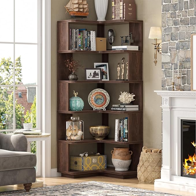 Armocity Corner Book Shelf - 6 Tier Corner Bookshelf Etagere Bookcase with Baffle, Freestanding L Shaped Display Shelf Stand for Home Office, Living Room, Bedroom, Kitchen, Black Walnut