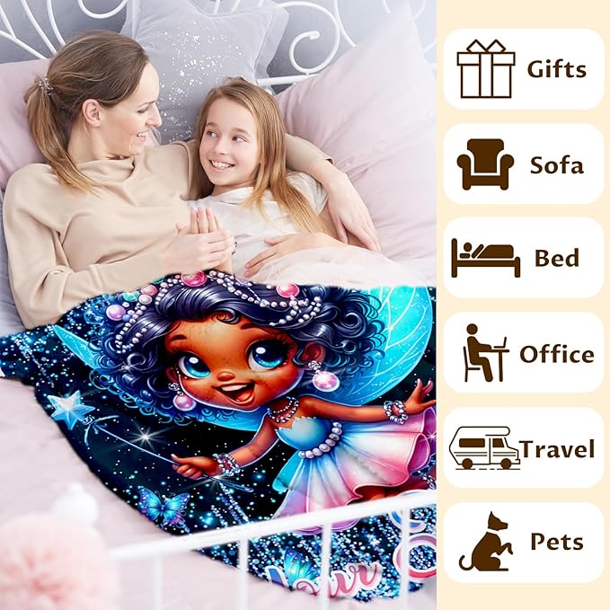 Girls Personalized Fairy Blanket Custom Fairy Throw Gift for Kids Daughter Birthday, 50x60 Inches Lightweight Soft Cute Black Throw Blankets for Sofa Couch Living Room Bed