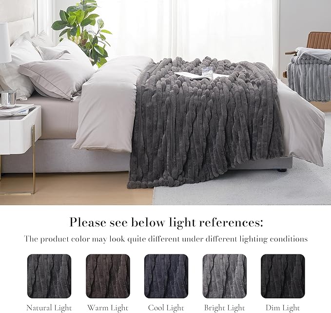 Amélie Home Faux Fur Throw Blanket for Couch, Cozy Fuzzy Fluffy Fur Luxurious Soft Striped Plush Gift Blankets for Family Sofa Chair Bedroom, 55"x70", Charcoal Grey