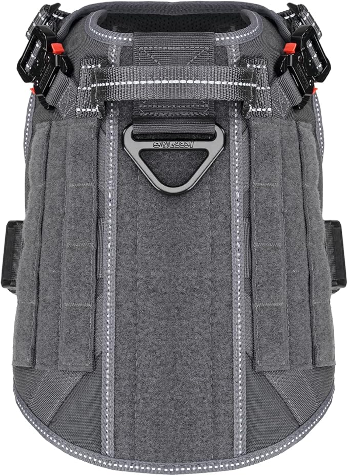 ICEFANG Tactical Dog Harness, Medium Size,2X Metal Buckle,Working Dog MOLLE Vest with Handle,No Pulling Front Leash Clip,Hook and Loop Panel (Grey,M (Pack of 1))