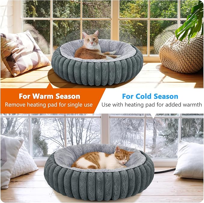 INVENHO Heated Cat Beds for Indoor Cats and Small Dogs, 20" Cozy Donut Heated Pet Bed with Timer & Temp Adjustable, Removable Waterproof Electric Warming Bed for Indoor Cat