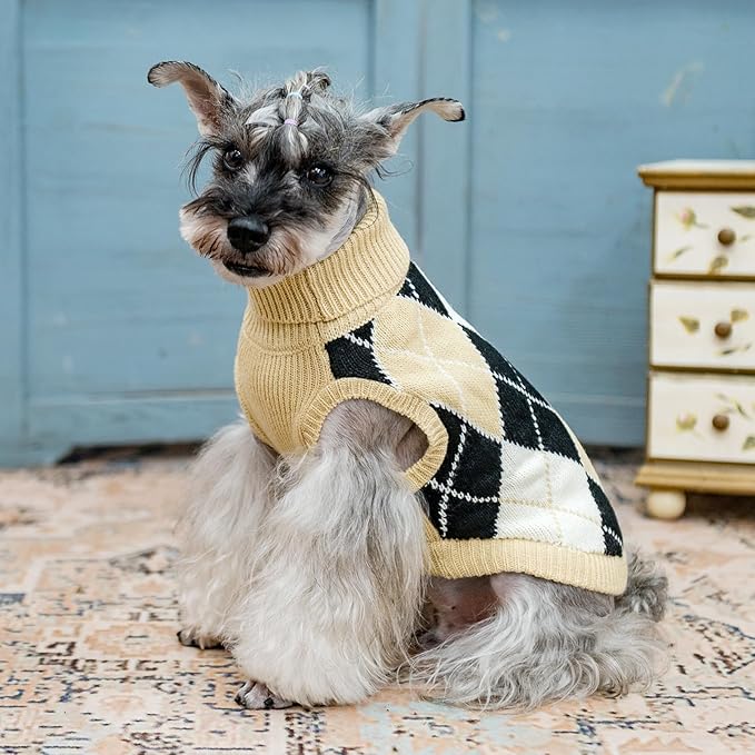 KOOLTAIL Small Dog Sweater, Knit Turtleneck Cold Weather Dog Sweaters for Medium Large Dogs, Soft Diamond Plaid Pullover Knitwear Dog Winter Warm Clothes, Pet Coat Puppy Sweater for Girls Boys XS