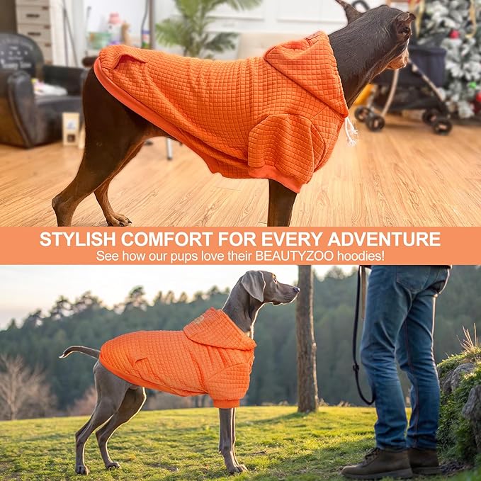 BEAUTYZOO Medium Dog Hoodie Sweater with Pockets, Dog Clothes for Small Medium Dogs Boy Girl, Waffle-Like Laminated Cotton Pet Coats with Hat and Leash Hole, Orange XL
