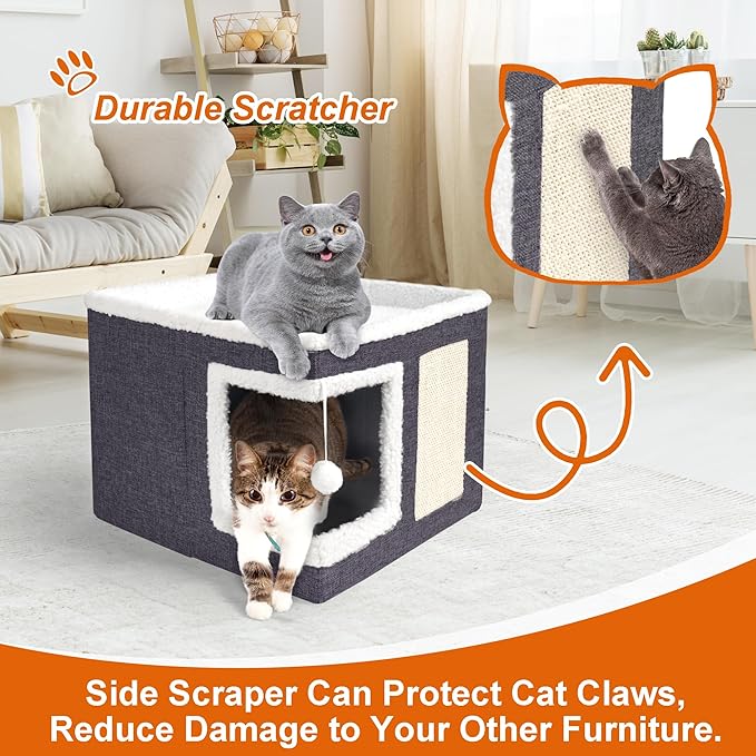 Cat Houses for Indoor Cats - Large Cat Bed Cave with Scratch Pad and Fluffy Ball, Foldable Cat Condo Hideaway with Reversible Cushion for Multi Small Pet, Dark Grey