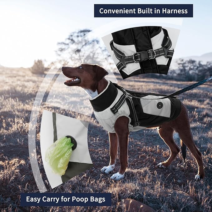 IECOii Dog Jacket Winter Harness Built in -Black,XXXLarge- Zip Up Dog Coat Winter Clothes for Large Dogs Waterproof, Dogs Snowsuit Snow Jacket D-Rring Labrador German Shepherd Doberman Rottweiler