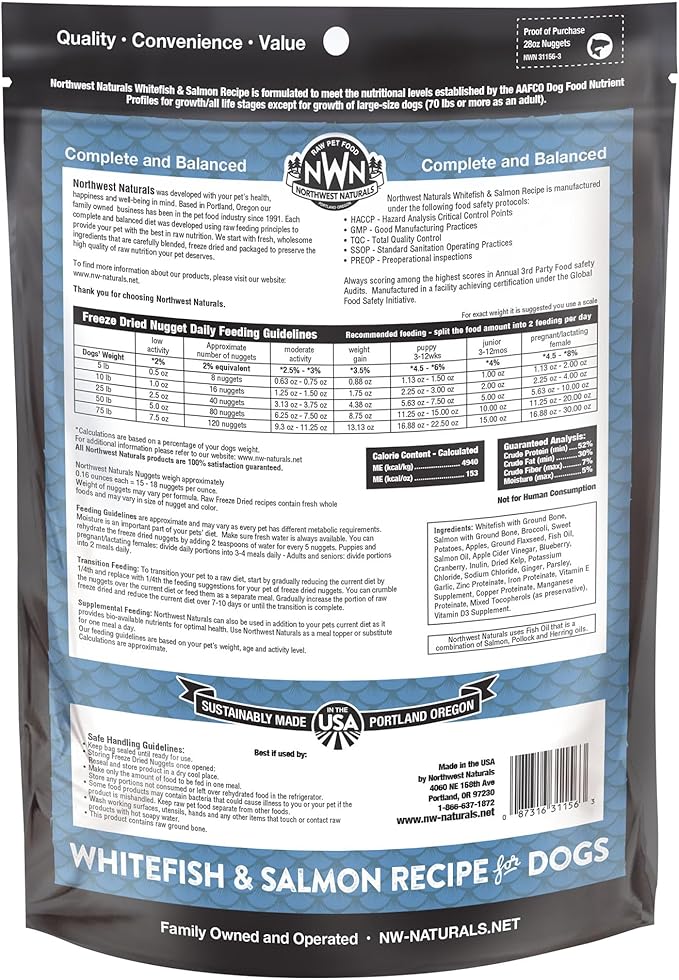 Northwest Naturals Freeze-Dried Whitefish & Salmon Dog Food - Bite-Sized Nuggets - Grain-Free, High-Protein, Raw Diet, Human-Grade Ingredients, All Natural, Omega-3 for Skin & Coat, Made in USA, 25 Oz