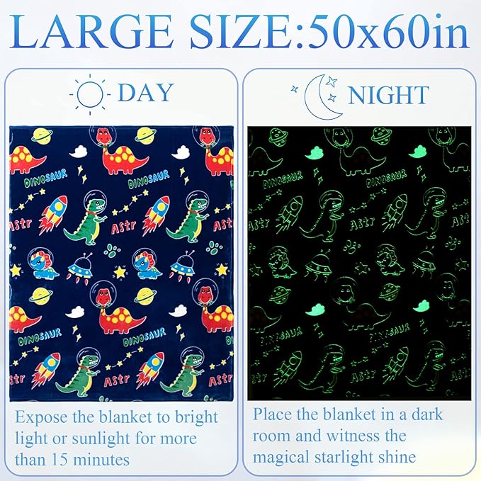 Glow in The Dark Dinosaur Blanket Gifts for 1-10 Year Old Boys,Dino Soft Kids Blankets,Dino Party Blankets,Luminous Toys Birthday Christmas Halloween Thanksgiving Easter Gifts,60 x 50in