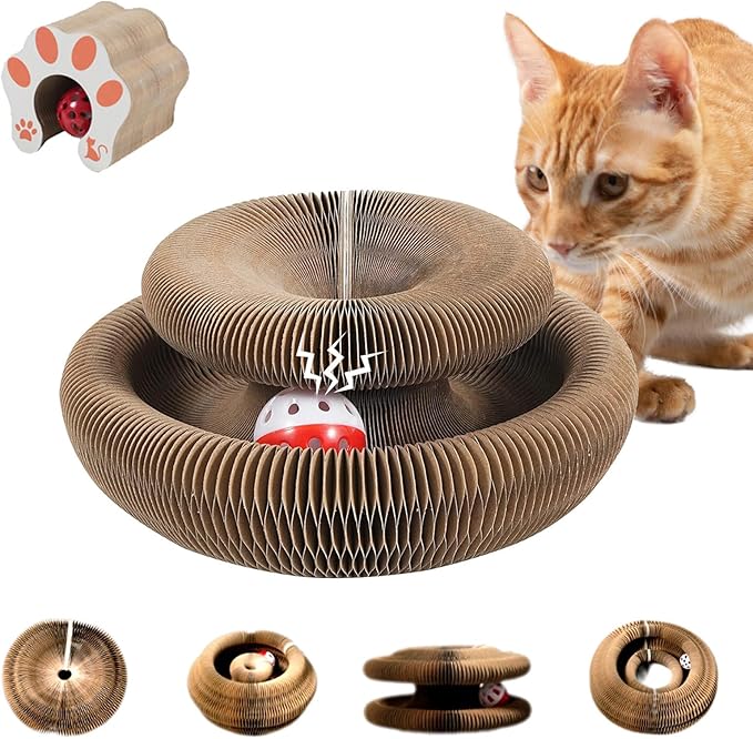 Cat Toy, Magic Organ Cat Scratch Board, Compact Cats Accordion Toy, Interactive Cardboard Cat Scratcher Pad Toys with Bell Ball for Indoor Exercise