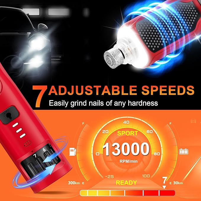 Dog Nail Grinder 7-Speed & 360° LED Light, Professional Pet Nail Grinder for Dogs and Cats, Electric Dog Nail Trimmer Painless Paws Grooming & Smoothing Tool for Large Small Dogs Cats Pets