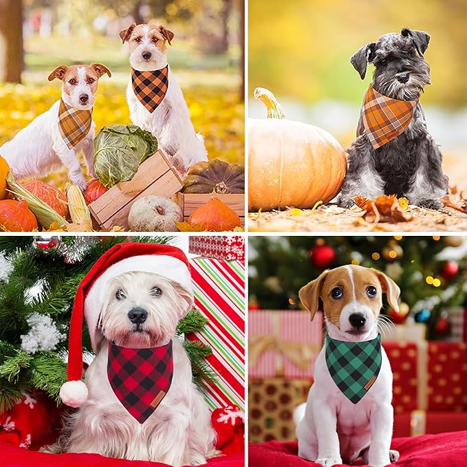 ADOGGYGO 4 Pack Plaid Dog Bandana for Fall Halloween Thanksgiving Christmas, Red Green Orange Plaid Pet Scarf Plaid Holiday Bandanas for Small Dogs Puppies (Small)