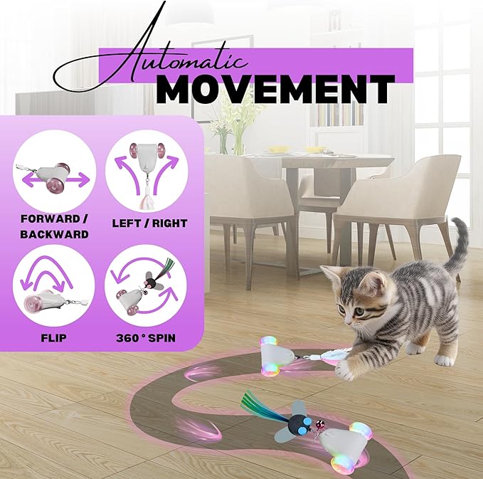 Rolling Rover – Interactive Cat Toy with RGB Wheels, Automatic Moving Mouse-Shaped Design, Feather Butterfly and Bell Attachments, Smart Motion Activated for Indoor Cats & Kittens (Pink)