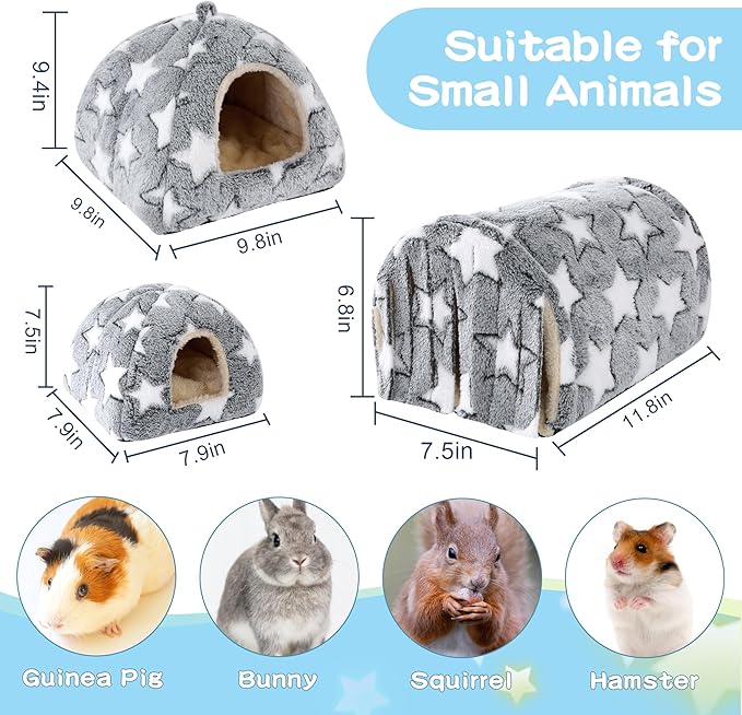 MABOZOO 3 Pack Guinea Pig House Accessories, Washable 2 Guinea Pig House and Hideout Tunnel with Curtains, Chinchilla Hideout for Hamster, Rabbit, Bunny, Chinchillas (Gray-Star)