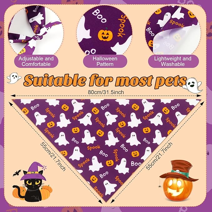 Preboun 50 Pcs Halloween Dog Bandanas Bulk Pumpkin Ghost Bandanas for Dogs Colorful Triangle Kerchief Bibs Scarf Set for Pet Costume Photo Props Accessories Pet Shops, 25 Styles (31.5 x 21.7 x 21.7)