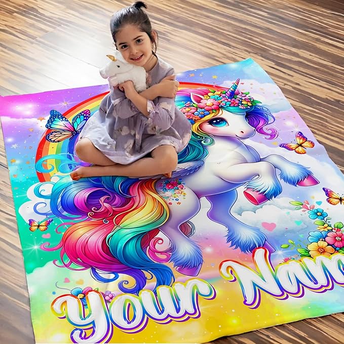 Unicorn Blanket for Girls 4-6 Personalized Throw Gift for Toddler Kids, 30x40 Inches Soft Cozy Cute Custom Decor Throw Blankets for Sofa Couch Bedroom Travel