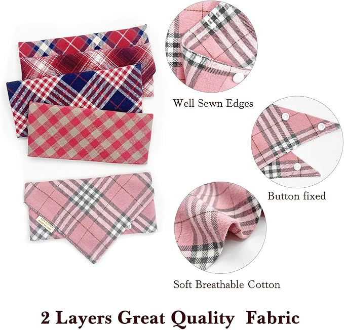 Savier 5PCS Dog Bandanas with Button - Fall Thick Triangle Bibs Dual Layer Soft Cotton Scarves for Small Medium Girl Puppy Cat Pet Baby Square Plaid Printing Washable Kerchief Halloween Outfits Pink