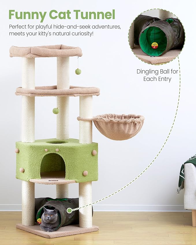 Cat Tree Tower for Indoor Cats Large Adult - Heavy Duty Extra Wide Scratching Post(φ4.4in) Maine Coon Condo House with Hammock Tunnel - 60 Inch XL Feline Bed Trees - Big Multi Level Cat Houses Stand