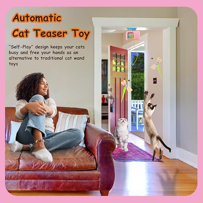 Interactive Hanging Cat Retractable String Toys for Indoor Kittens and Bored Adult Cats with 3 Flying Feathers, Automatic Electric Teaser for Enrichment and Chase, Rechargeable, Pink