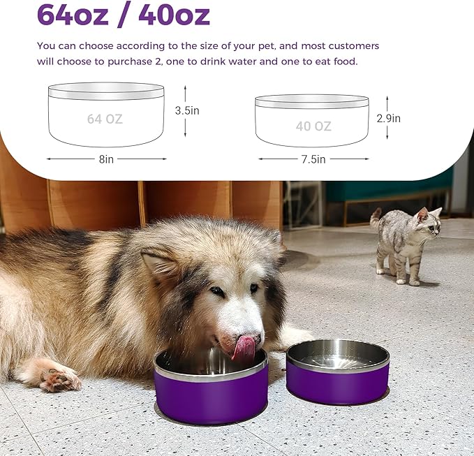 Dog Bowl, Stainless Steel Dog Food and Water Bowl with Non Slip Quiet Bottom, Easy to Clean, Dishwasher Safe, 40oz, Purple