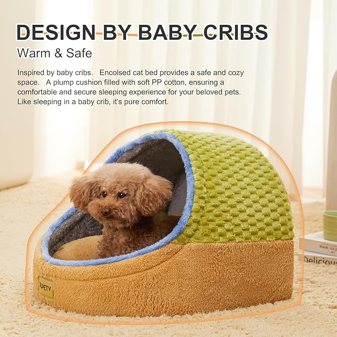 Jiupety Cute Cat Beds for Indoor Cats, Cat Cave Bed for Kittens, Hideaway Cat House for Cat & Small Dog with Anti-Slip Bottom, Washable Removable Cushion, L(19"x17"x16"), Green