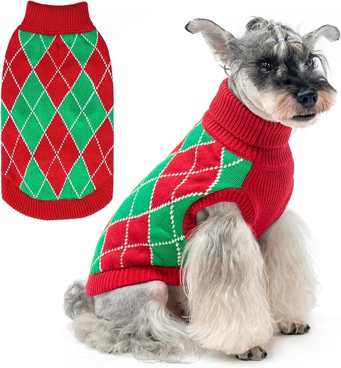 KOOLTAIL Christmas Sweater - Knit Turtleneck Cold Weather Sweater for Small Medium Large Dogs, Red and Green Plaid Pullover Knitwear Winter Warm Clothes for Puppies, Girls Boys M