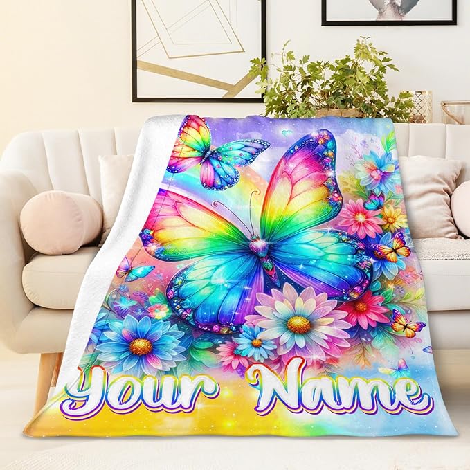 Personalized Butterfly Throw Blankets for Girls Throw Gift for Kids Teens Butterfly Lovers - 60x80 Inches Soft Warm Lightweight Blanket for Sofa Couch Living Room Bed