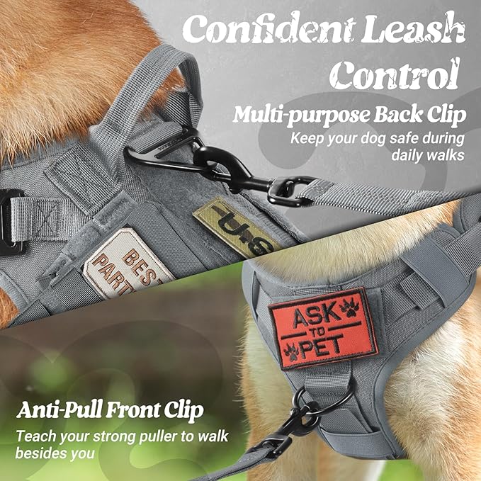 rabbitgoo Tactical Dog Harness Medium Sized, Heavy Duty Pet Harness with Handle, No-Pull Service Vest Medium Breed, Adjustable Military Dog Vest for Training Hunting Walking, Grey, M