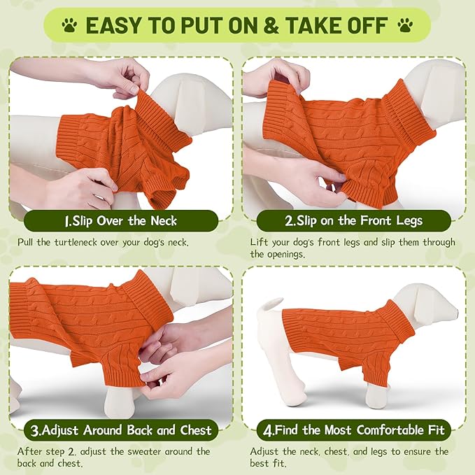 Small Dog Thermal Pullover Sweater, Classic Turtleneck Cable Knitwear Dog Clothes for Cold Weather Warm Pet Clothes for Chihuahua, Bulldog, Dachshund, Pug Orange Medium