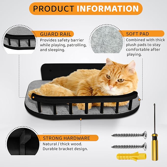 Cat Wall Shelves with 3 Steps – Modern Mounted Cat Wall Furniture & Shelf, Premium Hardwood Bed for Climbing, Sleeping & Lounging, Indoor Hammock for Large Cats - Black