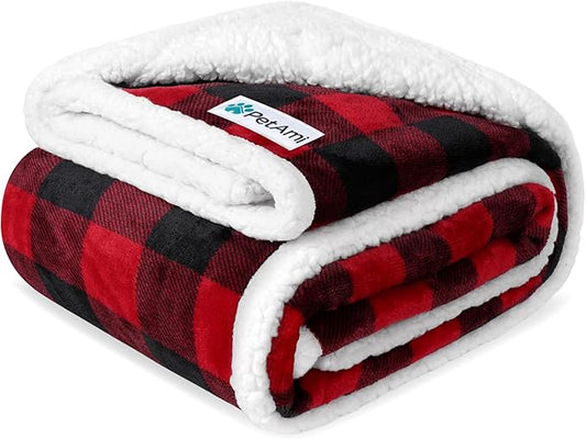 PetAmi Waterproof Dog Blanket for Medium Large Dog Puppy Cat Throw for Couch Cover Leakproof Protection, Sherpa Fleece, Reversible Soft Washable 60x40 Checker Plaid Red