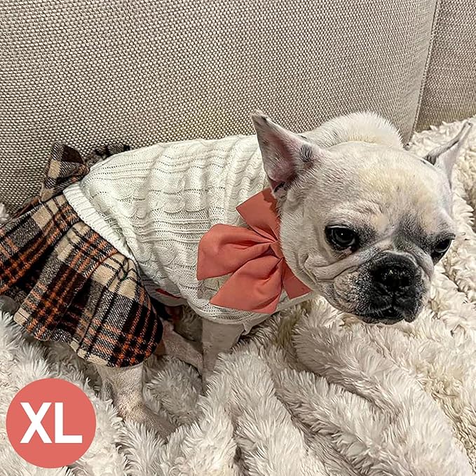 KYEESE Dog Sweater Warm Pullover Pet Coats Stretchy Cat Sweaters Soft Turtleneck Pet Sweater Dress Thick Dogs Clothes with Bowtie Comfy Knitwear Dog Sweaters for Small Dogs Girl, White, X-Large