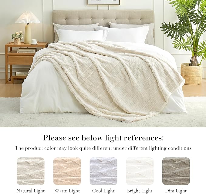 Amélie Home Luxury Striped Faux Fur Throw Blanket for Bed Queen Size, Soft Cozy Fuzzy Fluffy Plush Gift Blankets for Women, 88"x90", Ivory