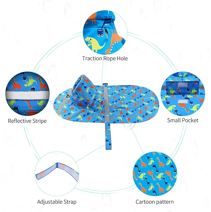 NACOCO Large Dog Raincoat Adjustable - Pet Dinosaurs Water Proof Clothes Lightweight Rain Jacket Poncho Hoodies with Strip Reflective Blue (XXXL, Blue Dinosaur)