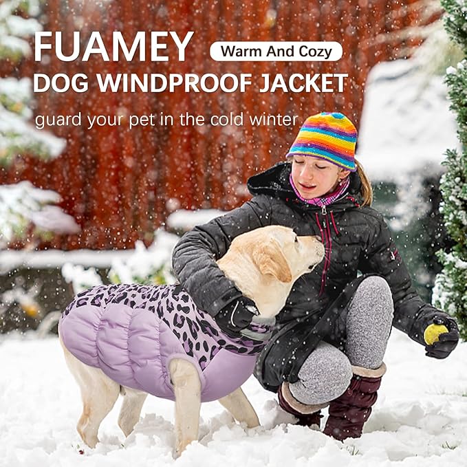 FUAMEY Dog Coat for Large Dogs,Waterproof Dog Winter Jacket with Harness Built in Puppy Cold Weather Coats Reflective Pet Vest with Zipper Warm Fleece Dogs Snowsuit Windproof Purple Leopard L