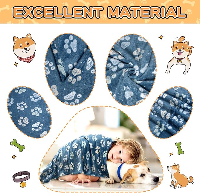 Rezutan 1 Pack 3 Premium Blankets for Large & Medium Dogs - Super Soft Fluffy Pet Blanket Throw for Puppies & Cats, Navy Blue Paw Blanket Suitable for Dog Kennel Crate Bed(41x31 Inch)
