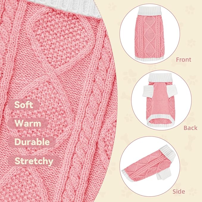 Dog Sweater for Small Dogs Argyle Cable Knit Turtleneck Pullover Winter Clothes Boys Girls Stretch Puppy Doggie Chihuahua Yorkie Pomeranian Toy Poodle Pet (S, Pink)